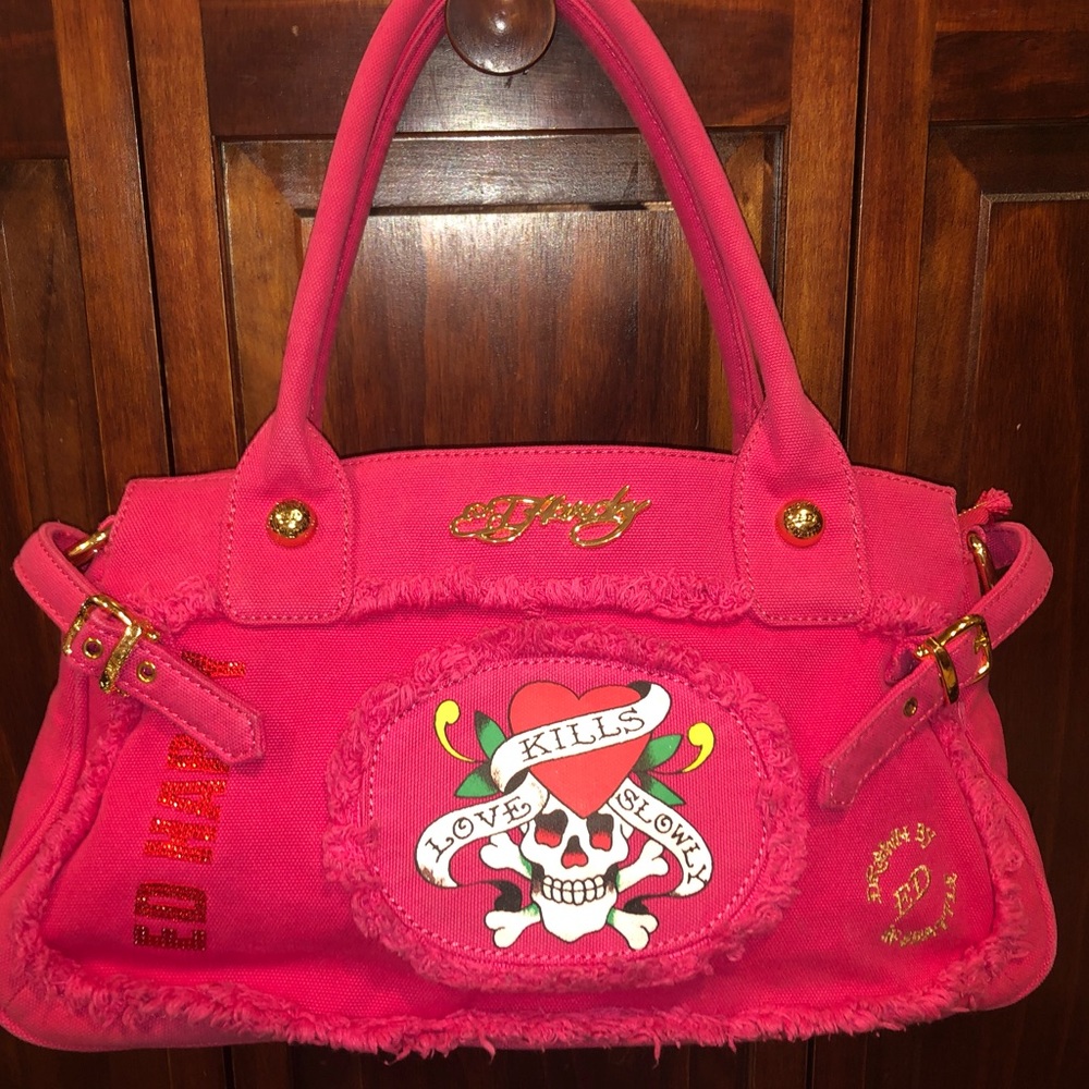 Ed Hardy Hot Pink Love Kills Slowly Tote